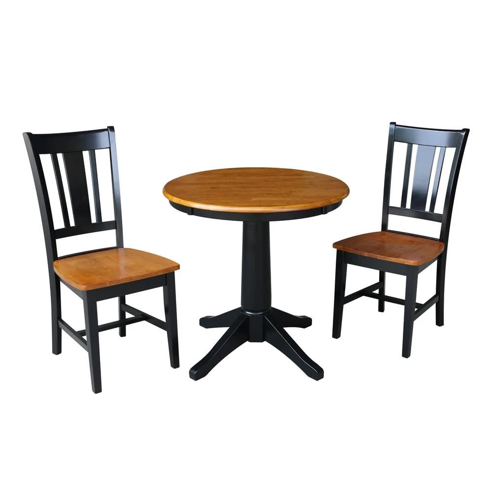3-Piece Set Olivia Black / Cherry 30 in Round Solid Wood Dining Table and 2 San Remo Side Chairs by International Concepts 1 3-Piece Set Olivia Black / Cherry 30 in Round Solid Wood Dining Table and 2 San Remo Side Chairs by International Concepts
