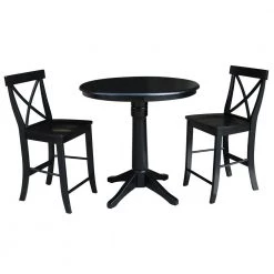 3-Piece Set Olivia Black 30 in Round Solid Wood Counter-height Dining Table and 2 Alexa Armless Stools by International Concepts
