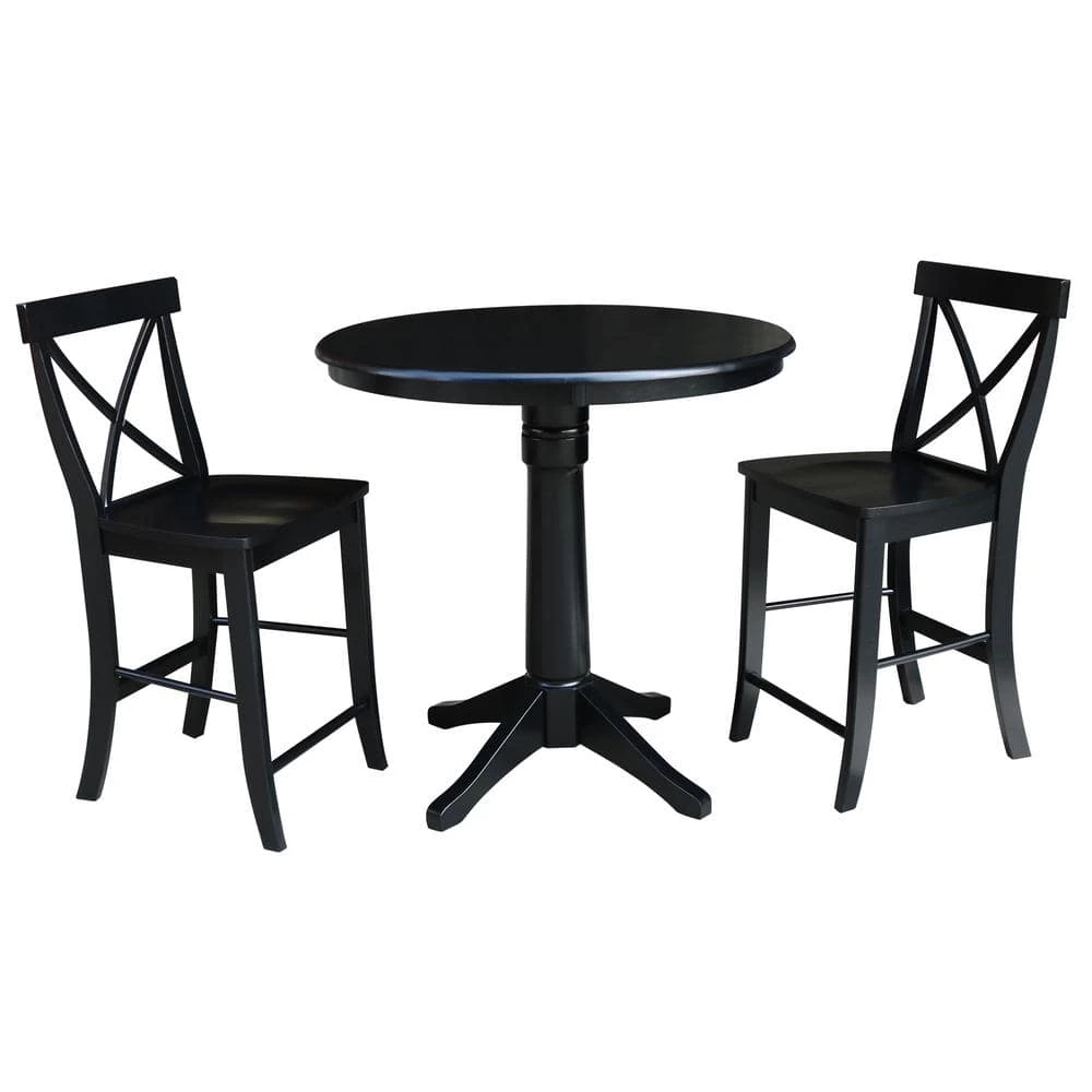 3-Piece Set Olivia Black 30 in Round Solid Wood Counter-height Dining Table and 2 Alexa Armless Stools by International Concepts 1 3-Piece Set Olivia Black 30 in Round Solid Wood Counter-height Dining Table and 2 Alexa Armless Stools by International Concepts
