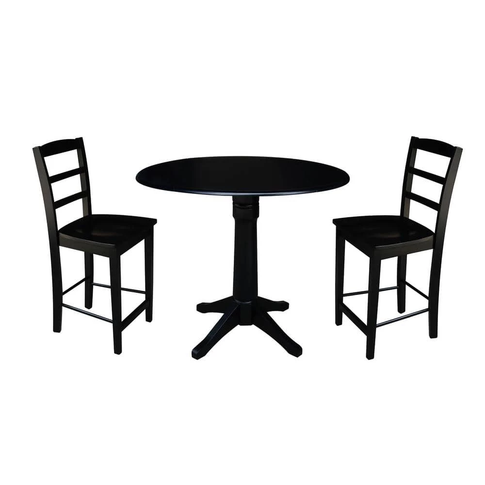 Laurel 3-Piece Black 42 in. Gathering Dropleaf Table and Madrid Stool Dining Set by International Concepts 1 Laurel 3-Piece Black 42 in. Gathering Dropleaf Table and Madrid Stool Dining Set by International Concepts