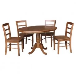 36 in. 5-Piece Bourbon Oak Round Extension Dining Table Set with 4-Side Chairs by International Concepts