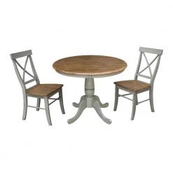 Hampton 3-Piece 36 in. Hickory/Stone Round Solid Wood Dining Set with X-Back Chairs by International Concepts
