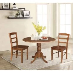 42 in. 3-Piece Set Distressed Oak Solid Wood Round Drop-leaf Table with 2-Side Chairs Set by International Concepts -International Concepts Sales distressed oak international concepts dining room sets k42 42dp c2 2 1f 1000