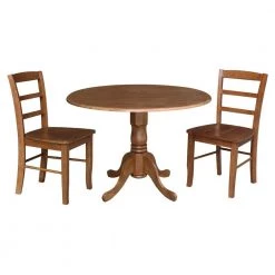 42 in. 3-Piece Set Distressed Oak Solid Wood Round Drop-leaf Table with 2-Side Chairs Set by International Concepts