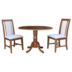42 in. 3-Piece Distressed Oak Solid Wood Round Drop-leaf Table with 2-Side Chairs Set by International Concepts