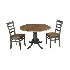 Brynwood 3-Piece 42 in. Hickory/Coal Round Drop-Leaf Wood Dining Set with Emily Chairs by International Concepts