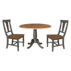 Set of 3-Pieces 42 in. Round Hickory/Washed Coal Top Pedestal Table with 2 Panel Back Chairs by International Concepts