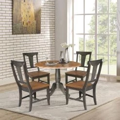 Set of 5-Pieces 42 in. Round Hickory/Washed Coal Top Pedestal Table - 4 Panel back Chairs by International Concepts -International Concepts Sales hickory washed coal international concepts dining room sets k45 42dpt c110 4 31 1000
