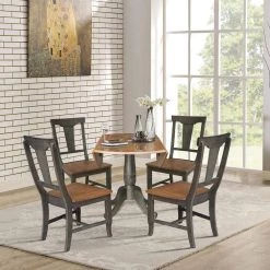 Set of 5-Pieces 42 in. Round Hickory/Washed Coal Top Pedestal Table - 4 Panel back Chairs by International Concepts -International Concepts Sales hickory washed coal international concepts dining room sets k45 42dpt c110 4 4f 1000