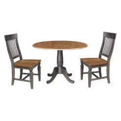 Set of 3 Pieces Hickory/Washed Coal 42 in. Round Top Pedestal Table with 2 Slat Back Chairs by International Concepts