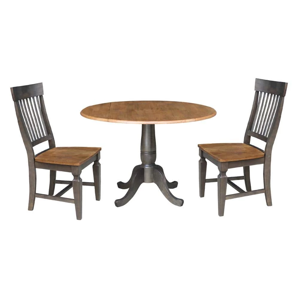 Set of 3 Pieces Hickory/Washed Coal 42 in. Round Top Pedestal Table with 2 Slat Back Chairs by International Concepts 1 Set of 3 Pieces Hickory/Washed Coal 42 in. Round Top Pedestal Table with 2 Slat Back Chairs by International Concepts