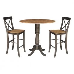 3-Piece Set in Hickory/Washed Coal, 42 in. Round Top Pedestal Table with 2 x-Back Stools by International Concepts