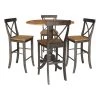 5 Piece Set in Hickory/Washed Coal - 42 in. Round Top Pedestal Table with 4 x-Back Stools by International Concepts