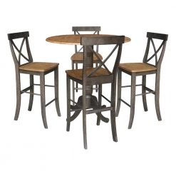 5 Piece Set in Hickory/Washed Coal - 42 in. Round Top Pedestal Table with 4 x-Back Stools by International Concepts