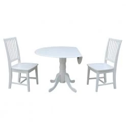 Brynwood 3-Piece 42 in. Pure White Round Drop-Leaf Wood Dining Set with Mission Chairs by International Concepts