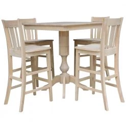 5 PC Set - Unfinished Solid Wood 36 in. Square Bar Height Pedestal Table with 4 side Stools by International Concepts