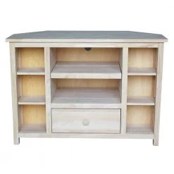39 in. Unfinished Wood Corner TV Stand with 1 Drawer Fits TVs Up to 42 in. with Storage Doors by International Concepts