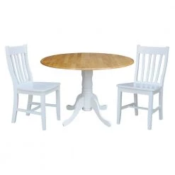 3-Piece 42 in. White/Natural Dual Drop Leaf Table Set with 2-Side Chairs by International Concepts