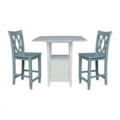 Set of 3 pcs - White/Chalk Dual drop leaf bistro table - counter height - with storage - 2 counter height side stools by International Concepts