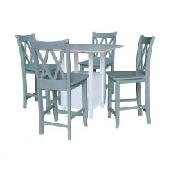 5-Piece Set - White/Chalk Dual Drop Leaf Bistro Table - Counter Height with Storage 2-Counter Height Armless Stools by International Concepts