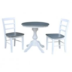 3-Piece Set White / Heather Gray 30 in. Round Solid Wood Dining Table with 2-Side Chairs by International Concepts