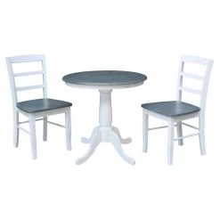 3-Piece Set White / Heather Gray 30 in. Round Solid Wood Dining Table with 2-Side Chairs by International Concepts