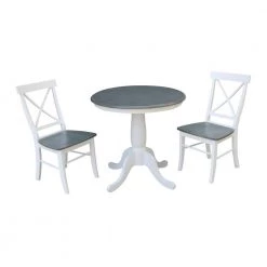 Hampton 3-Piece 30 in. White/Heather Gray Round Solid Wood Dining Set with X-Back Chairs by International Concepts