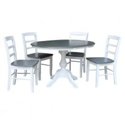 5-Piece Set White / Heather Gray 36 in. Round Extendable Solid Wood Dining Table with 4-Side Chairs by International Concepts