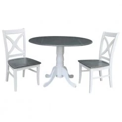 42 in. 3-Piece Set White Heather Gray Drop Leaf Wood Table with 2-Side Chairs by International Concepts