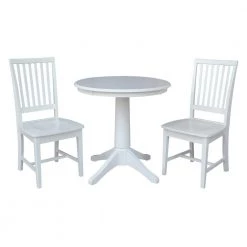3-Piece Set Olivia White Solid Wood 30 in Round Pedestal Dining Table and 2 Mission Side Chairs by International Concepts